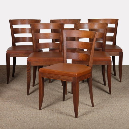 Set van 6 eikenhouten eetkamerstoelen in de stijl van Jean Pascaud, 1940