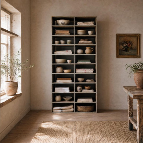 Image 1 of Großer antiker Werkstattschrank mit patinierten Holzfächern, 20. Jahrhundert.