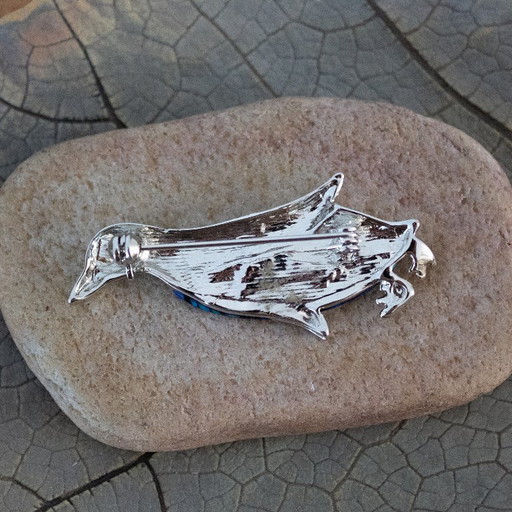 Broche pingouin vintage : nacre d'ormeau bleue et métal argenté
