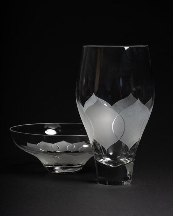 Image 1 of Rosenthal Bjorn Wiinblad LOTUS Large Glass Vase H23,5cm & Matching Bowl D20cm
