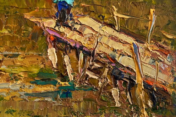 Image 1 of Original Oil Painting Autumn River Landscape The Lonely Fisherman