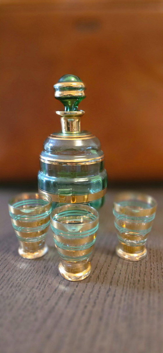 Set decanter in vetro verde con accenti dorati, booms glas, Bicchieri e caraffe, Oro, Vintage (foto 3 di 5)