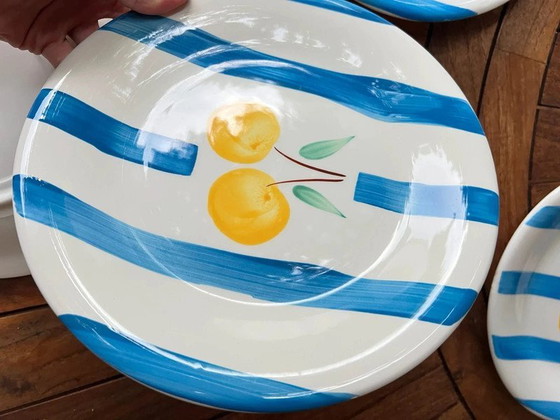 Image 1 of Set of 6 TRECI dinner plates Italy - Hand-painted porcelain vintage cherries