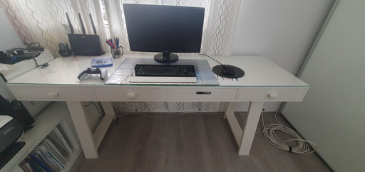 Long Desk, White, With Custom Made Glass Top/Long Desk, White, With Custom Made Glass Top