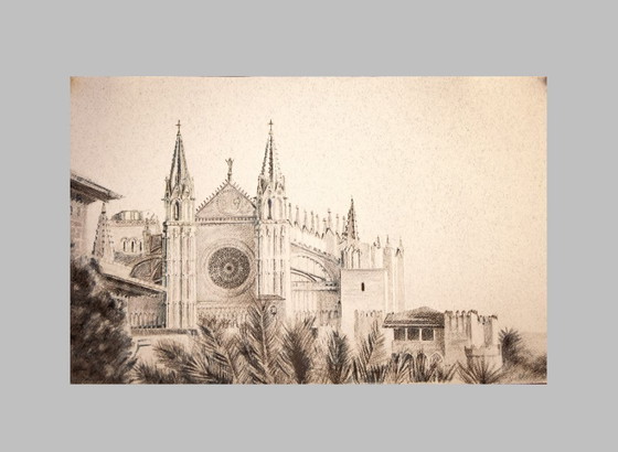 Image 1 of Charcoal drawing of the Cathedral of Mallorca. Mallorca drawing. Painting of Mallorca. Mallorca cityscape. Mallorca. New.