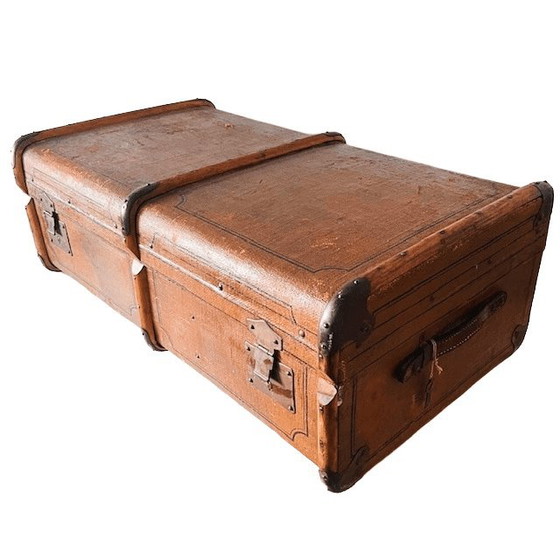 Image 1 of Antique XL canvas trunk with wooden bumpers 1900s