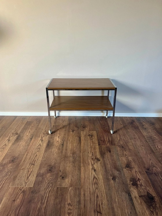 Mid Century Chrome and Teak Formica Serving Trolley, 1970s, Space Age Serving Trolley, Vintage Rolling TV Cart (photo 2 of 9)
