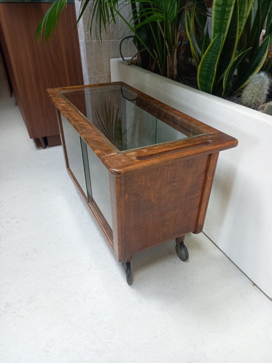 Image 1 of Chariot de service Art déco, chariot à thé, armoire à boissons, verre vintage, bois
