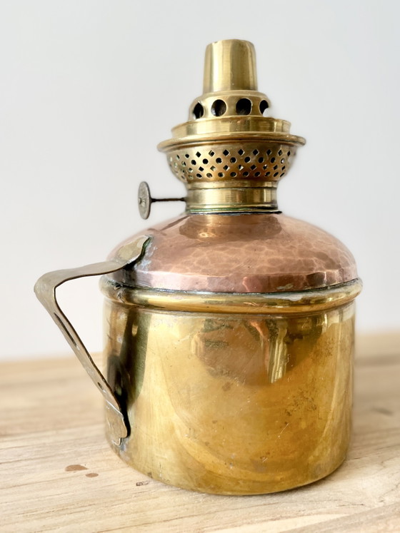 Image 1 of Antique Brass & Hammered Copper Oil Lamp · 19th Century · Hand Crafted Burner · French Oil Lamp Base · Victorian Lamp 