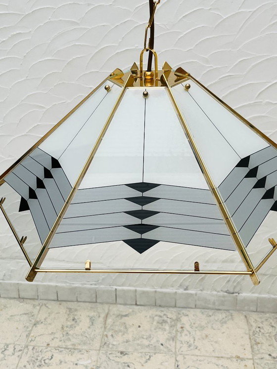 Grande lampada a sospensione vintage in ottone e vetro opalino – Massive, Lampadari, Glass (photo 3 of 13)