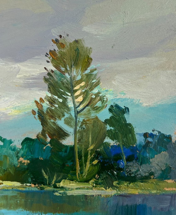 Image 1 of Original Oil Painting Summer River Landscape River in the forest thicket