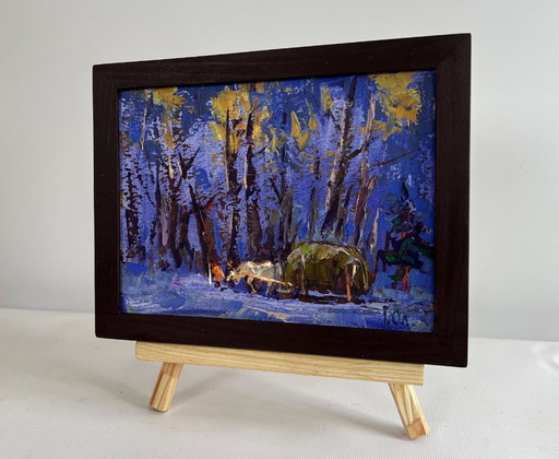 Original Oil Painting Winter Forest Landscape Home on a winter evening