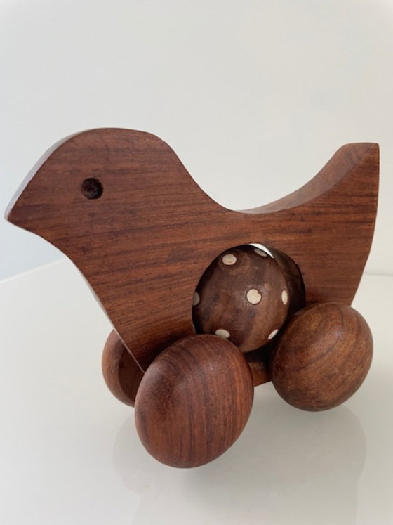 Image 1 of Vintage Scandinavian wooden duck on wheels