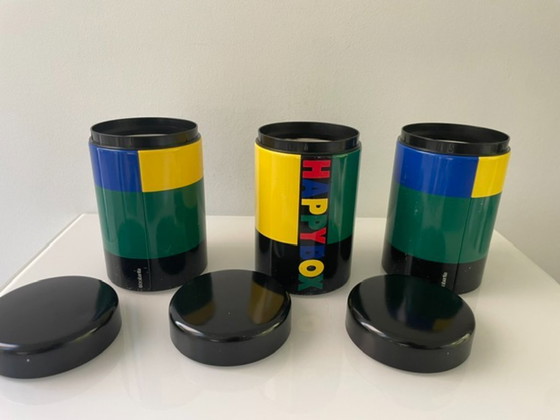 Image 1 of Set van 3 vintage retro Brabantia voorraadpotten – Memphis style jaren 80