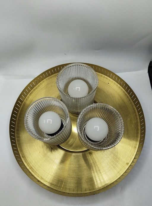 Prachtige Vintage Doria Leuchten Plafonnière – Messing & Ijsglas – Jaren 60/70