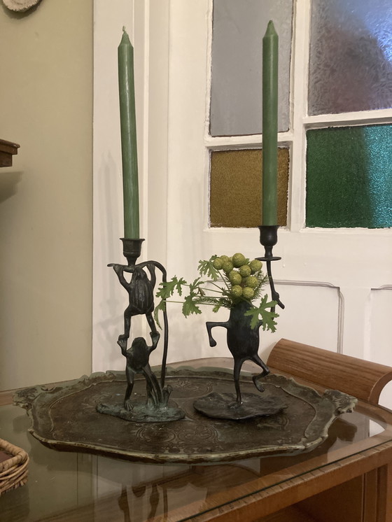 Image 1 of Vintage bronze candle holders, collectible frogs