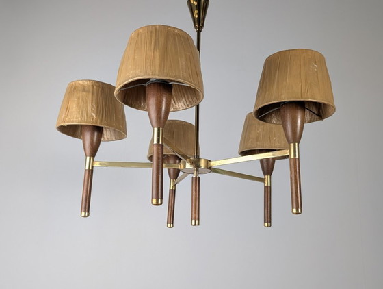 Image 1 of Danish Five-Arm Chandelier in Wood and Brass, 1950s