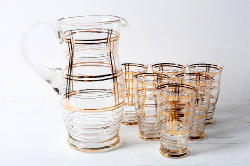 Unique Set of Mid-Century Italian Glass Pitcher & Six Glasses with Golden Details / Italy / 1950s (photo 2 of 23)