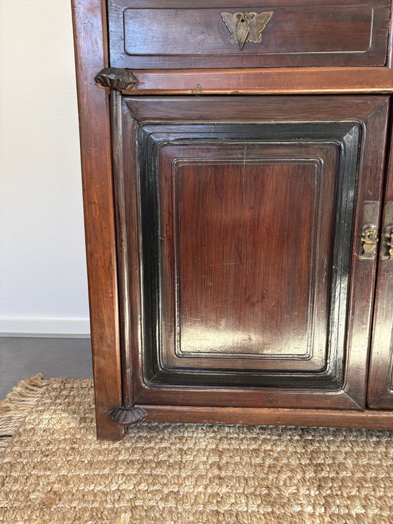 Image 1 of Antique Chinese lacquered wooden cabinet with drawers & doors