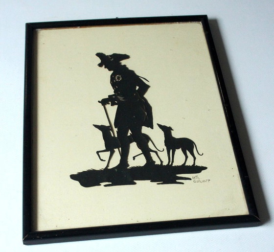 Image 1 of Silhouet antieke Lotte Gützlaff - ca. 1910 - met de hand gesigneerd - "Der Alte Fritz mit Windhunden".