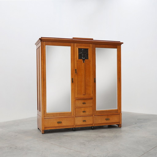 Art Nouveau style wardrobe with signed plaquette by Geo Vervanck, Belgium 1920s