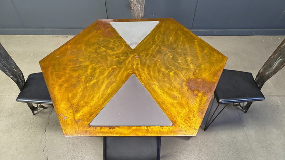 Image 1 of Handgemaakte eethoek van staal en steen, jaren 70 - vintage eethoek - handgemaakte eethoek - postmoderne eettafel en stoelen