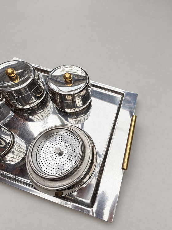 État neuf! Set café vintage Guido Bergna pour Douwe Egberts – 5 pièces design italien (Acier Inoxydable (photo 6 of 10)