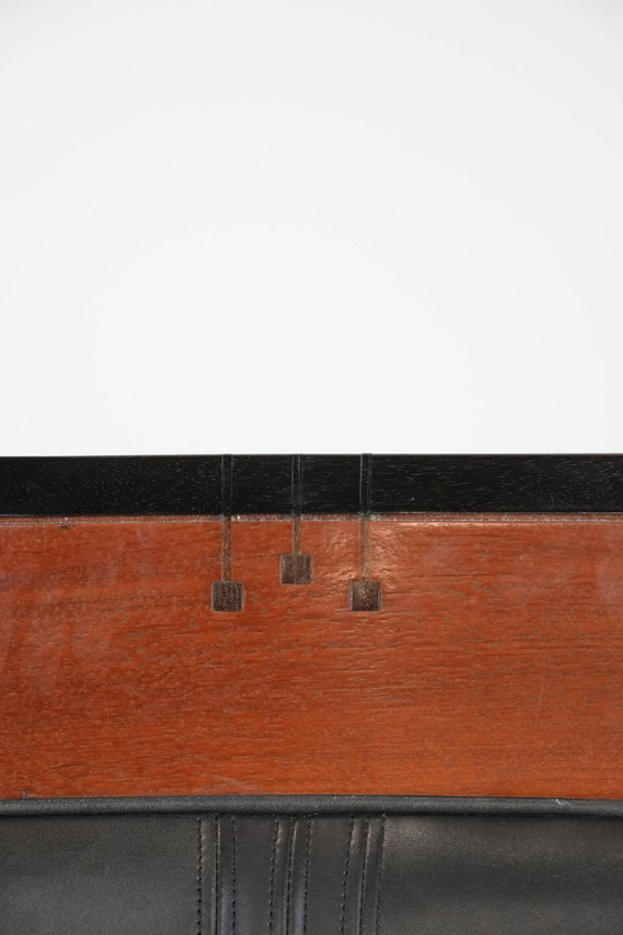 Image 1 of Zwarte Art Deco rundleren en houten Schuitema design fauteuil uit de Decoforma serie met een hoge rug