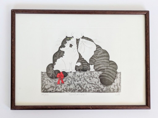 Eva Ziolkowski Signed Cats Etching Numbered 79/100 "Zweisamkeit" Framed Original Wall Art – schilderijen tekeningen, Wood