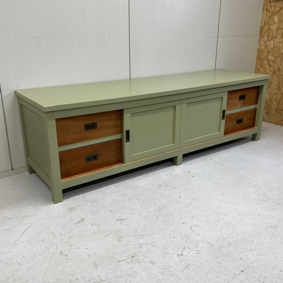 Image 1 of Restyle massief teakhout TVkast meubel dressoir olijfgroen