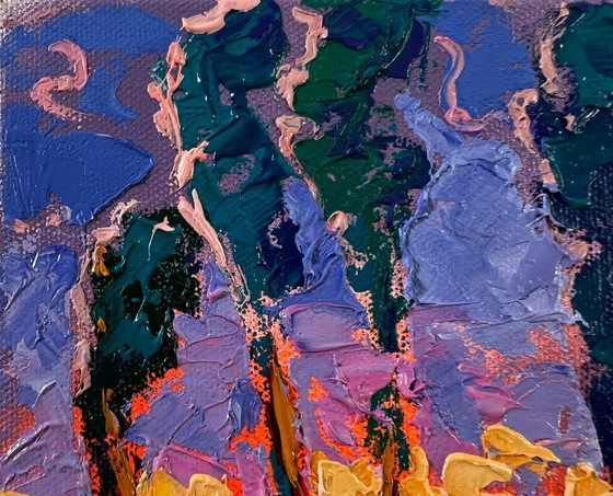 Image 1 of Original Oil Painting Summer Nature Landscape Distant Night