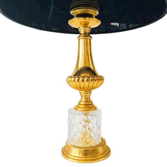 Image 1 of Lampada da tavolo francese vintage, in vetro tagliato, ottone e seta blu, anni '50.