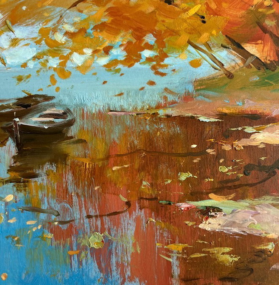 Image 1 of Original Oil Painting Autumn Coastal Landscape The whisper of autumn leaves over the river