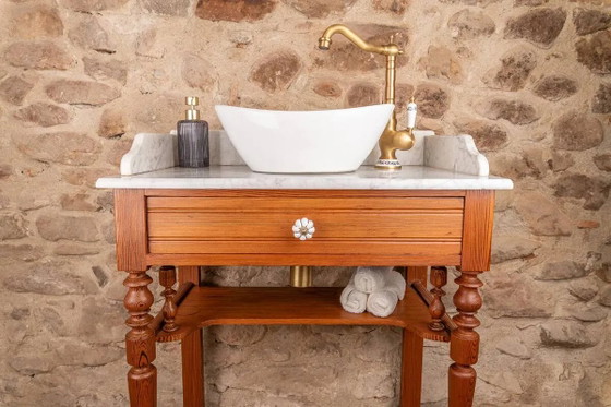 Mobile lavabo antico in Pitch Pine massiccio con piano in marmo bianco. – Credenze, Ceramica (photo 11 of 11)