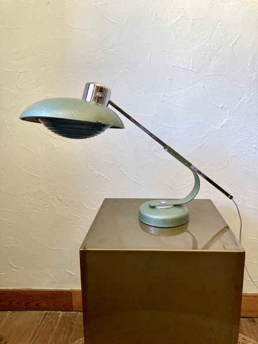 Solère telescopic lamp, hammered paint & blue diffuser, 1950s