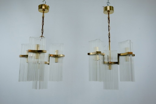 Coppia di lampadari in ottone e vetro di Gaetano Sciolari, Italia, anni '70