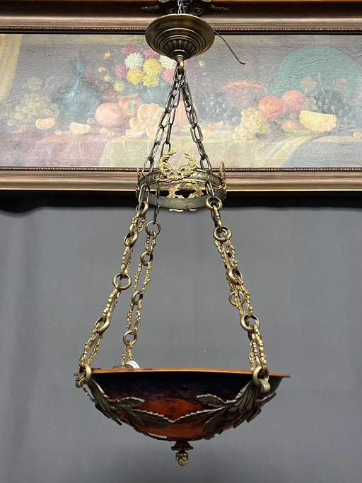 Magnificent Art Deco chandelier signed "Noverdy France". – hanglampen, Bronze, Glass (photo 2 of 10)
