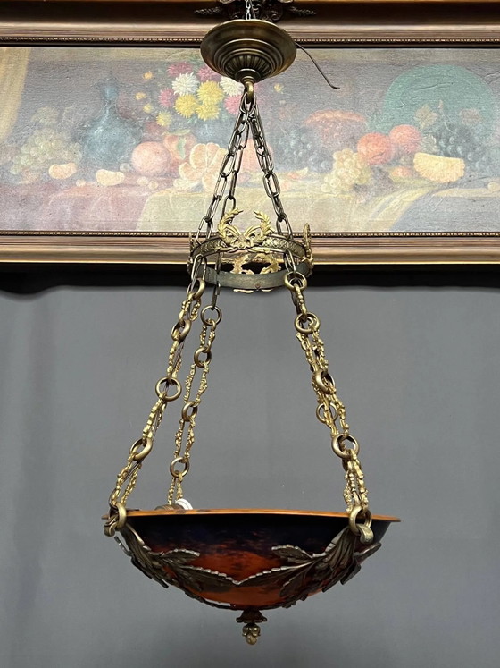 Prächtiger Art-Deco-Kronleuchter mit der Signatur „Noverdy France“. – Pendelleuchten, Bronze, Glass, Art Deco (photo 2 of 10)