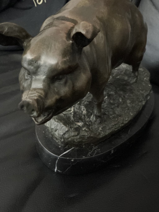 Bronze Pig With Marble Bottom Foot