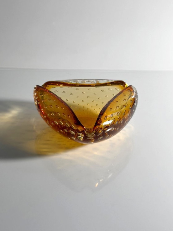 Image 1 of Murano bowl Bullicante Bubbles glass ashtray amber orange Italy 1970s Venice
