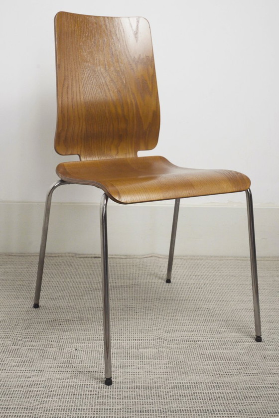 Image 1 of Chaises IKEA Gilbert en teck vintage, ensemble de 6 chaises de salle à manger empilables en contreplaqué de teck, style scandina