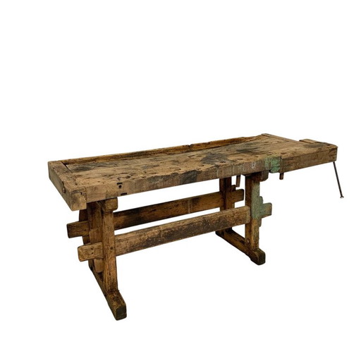 Établi industriel en bois avec étau, 194 cm de long, années 30