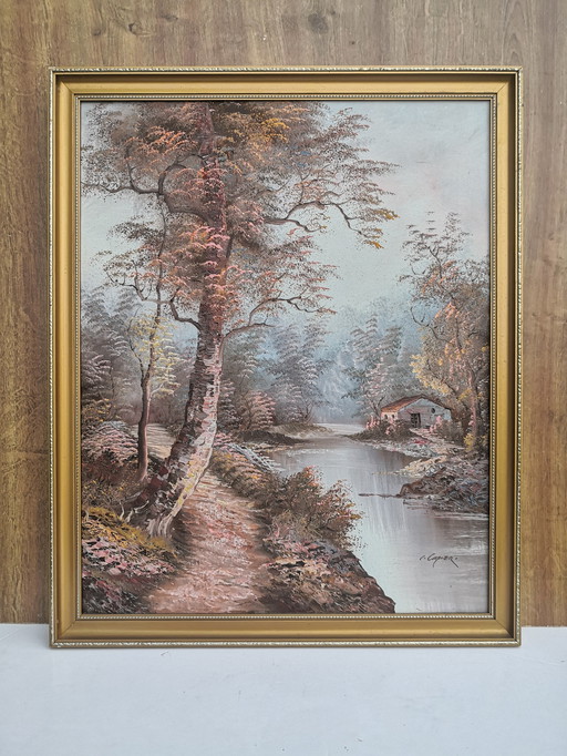 Olieverf op doek Irène CAFIERI - 20e eeuw "Rivieroever in de herfst" (44 x 54 cm)