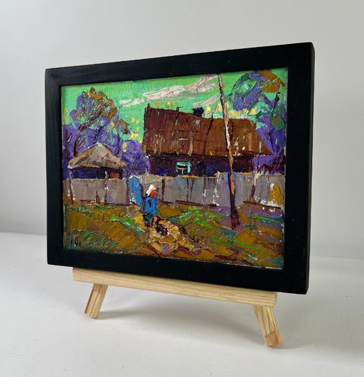 Original Oil Painting Evening Village Landscape The sky at dusk