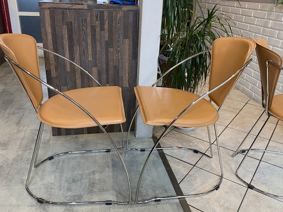 Image 1 of Set di 4 poltrone Linda di Arrben, pelle color cammello, struttura in acciaio cromato, vintage anni '80