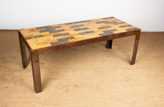 Image 1 of Coffee table in glazed ceramic and steel base by Jean Garbero Vallauris 1950.