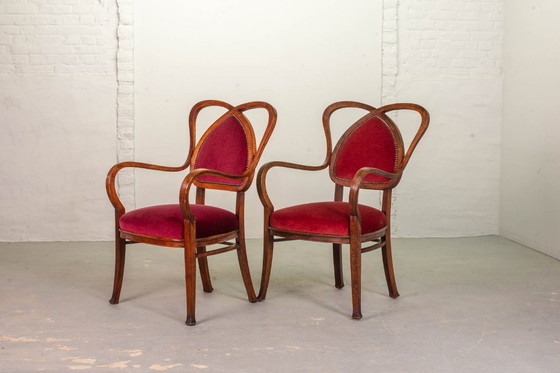 Image 1 of Red Velvet Heartshaped Wooden Vintage Design Side Chairs. Set of 2. 1950s.