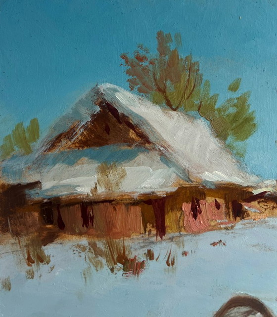 Image 1 of Original Oil Painting Winter Village Landscape Riding a horse in the snow