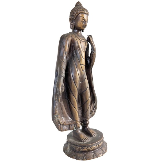 Le Maître de la Compassion – Grande Statue en Bronze du Bouddha Debout – Népal – 27,5 cm – Sculptures (photo 2 of 10)