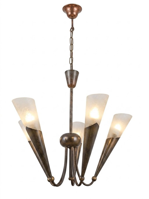 Vintage Mid-Century Brutalist Trumpet Horn Chandelier – Frosted Glass & Patinated Metal